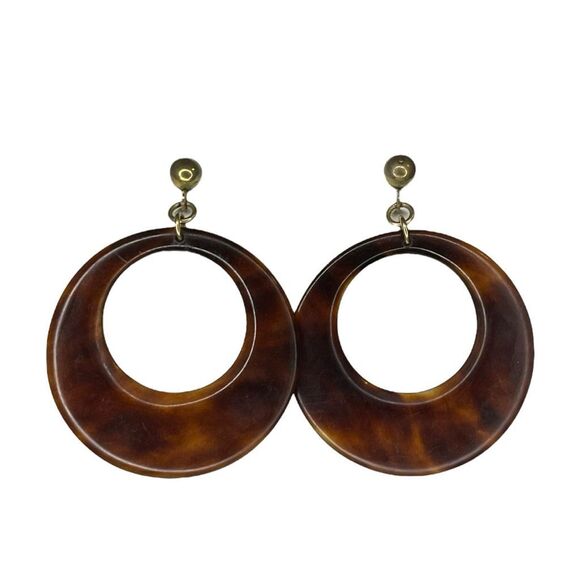 Vintage Jewelry - Vintage 60s Bakelite Drop Earrings Brown Gold Tone Metal Circle Dangle